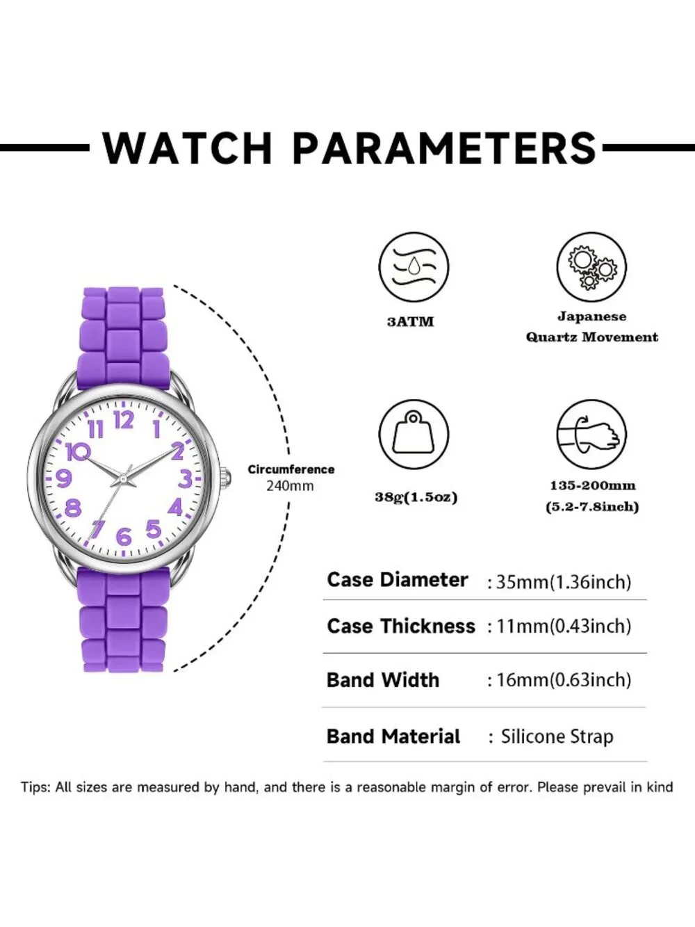 Women's Purple White Big Face Easy Reader Silicone Strap Waterproof 35MM Watch
